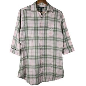 Lauren Ralph Lauren Pink Green Plaid 3/4 Sleeve Collared Button Shirt Dress S